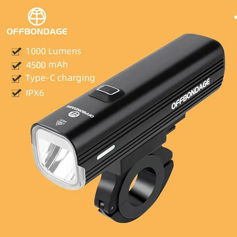 OFFBONDAGE 1000 lumens Phare de vélo USB avec batterie externe – Blanc